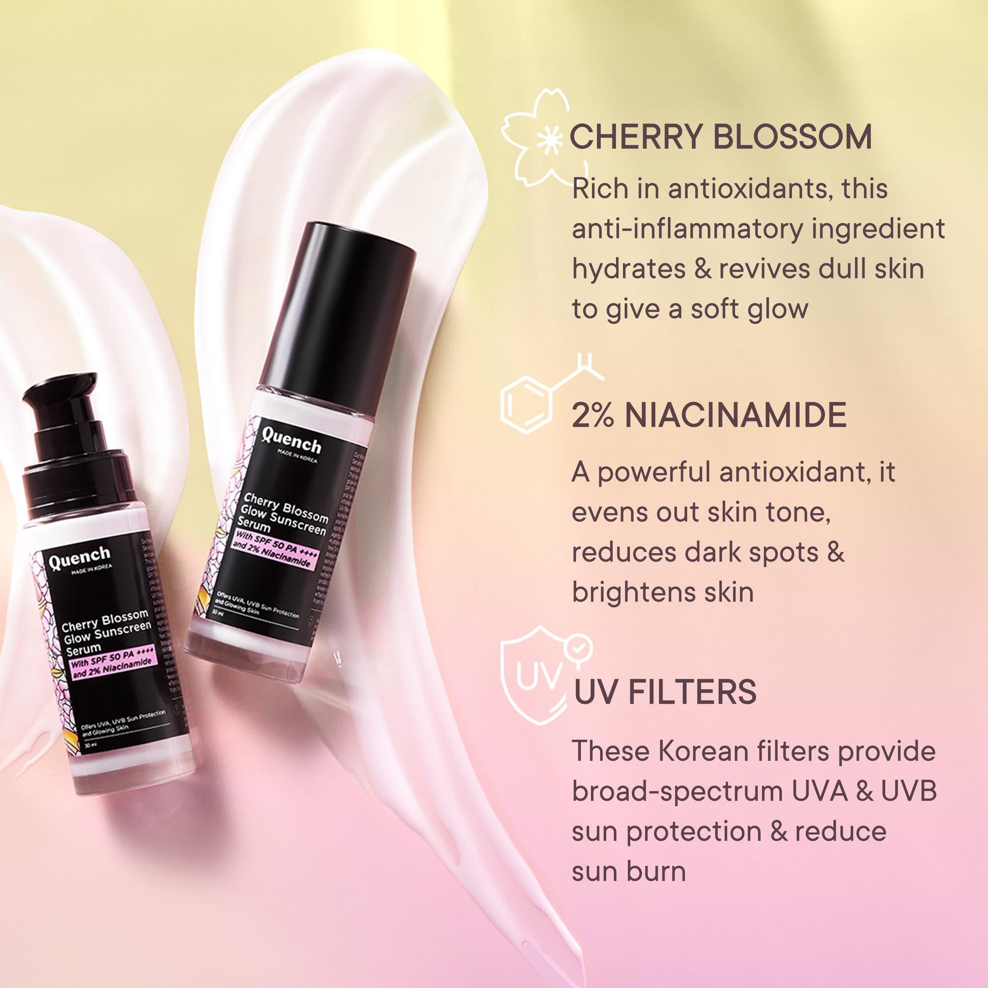 Cherry Blossom Glow Sunscreen Serum with 2% Niacinamide.