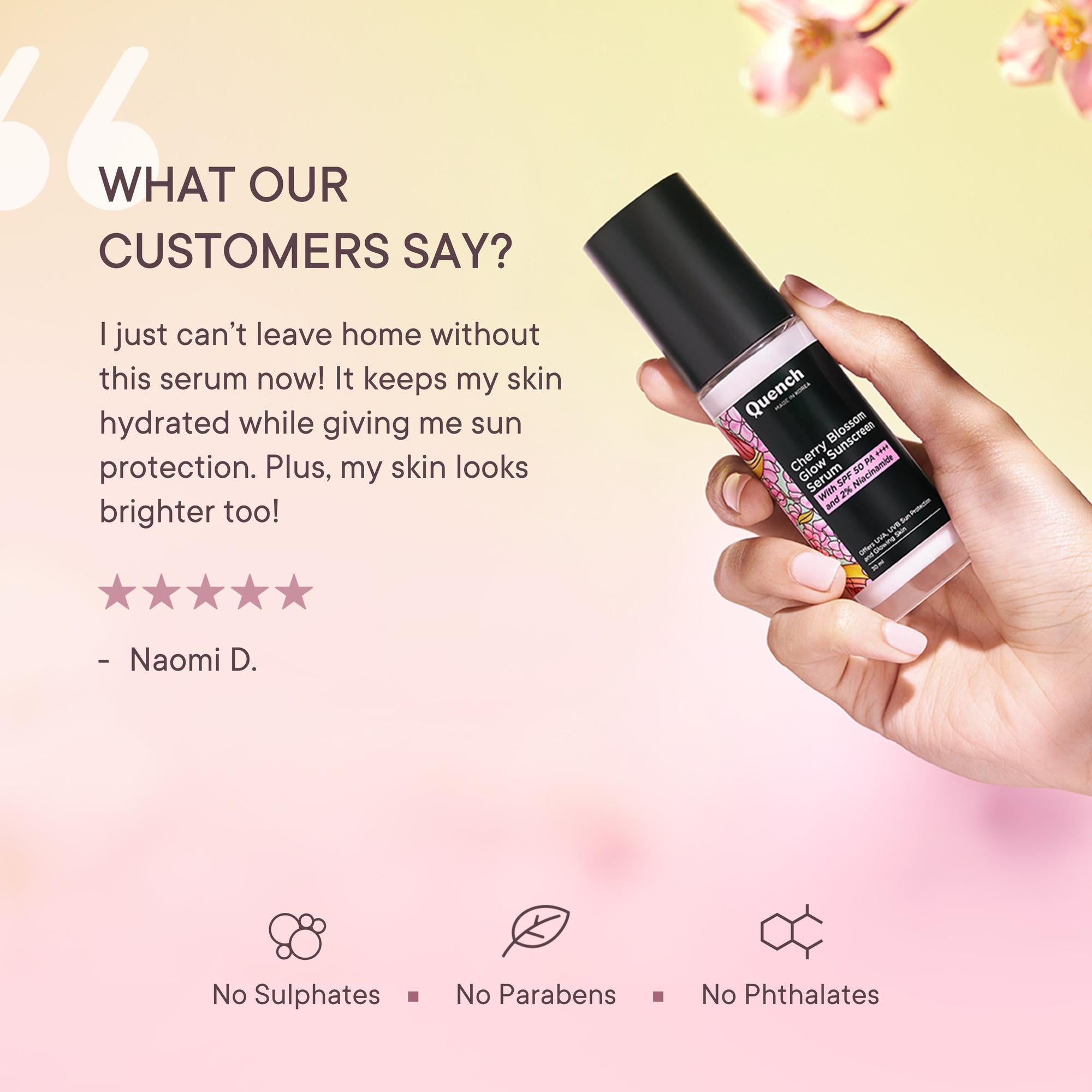 Cherry Blossom Glow Sunscreen Serum with 2% Niacinamide.